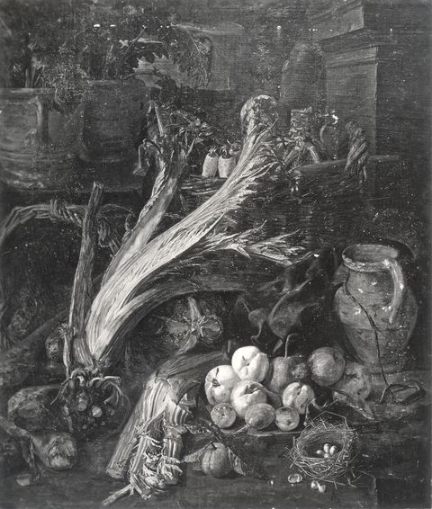Vasari — Snyers Pieter - sec. XVIII - Natura morta con frutta, ortaggi, nido con uova e anfora — insieme